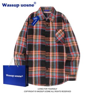 WASSUP复古格子polo领衬衫外套男春夏季韩版宽松休闲情侣衬衣外套
