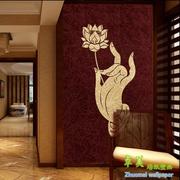 中式佛手玄关无缝墙布大型3D壁画墙纸瑜伽馆会所走廊东南亚壁纸5D