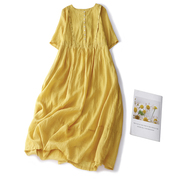 夏苎麻(夏苎麻)圆领，短袖文艺宽松连衣裙双层黄色，森女刺绣日系显瘦大摆裙