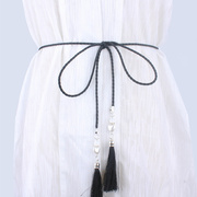 简约女式裙子系带绳流苏腰绳黑色，编织民族风学生衬衫连衣裙细腰带