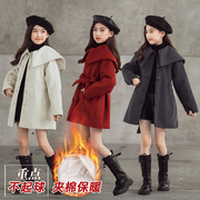 女童大中童外套红色2022中长款呢大衣儿童，洋气夹棉毛呢冬大衣