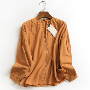 x367纯色单排多扣半开领棉麻秋季2021长袖，百搭衫上衣女式衬衫