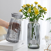 二件套大号欧式玻璃花瓶透明条纹水培花瓶客厅摆件百合插花瓶