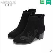 Aerosoles/爱柔仕秋冬款羊皮绒面绣花侧拉链中跟软底舒适女靴5007