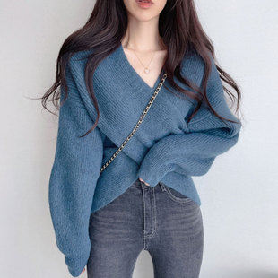 韩国chic秋季优雅女人味交叉v领设计不规则长袖套头，针织衫毛衣女(毛衣女)