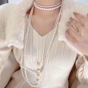 秋冬双层气质珍珠毛衣链女士，高级感加长叠戴珠子项链时尚百搭
