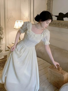 2024年早春装茶歇法式宫廷风白色雪纺连衣裙仙女在逃公主长裙