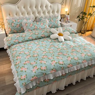 韩式公主风100%纯棉，床盖四件套花边，夹棉三件套床裙被套床上4件套