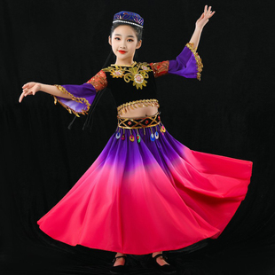 新疆舞大摆裙维吾尔族练功裙，民族舞蹈男女艺考长裙中小学生表演服