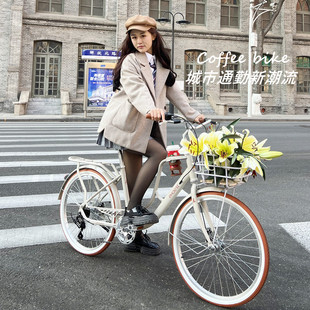 凤凰自行车城市通勤代步复古男女式变速单车禧玛诺7速轻便咖啡车