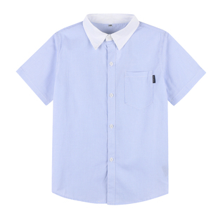 男女童浅蓝短袖竖条衬衫小学生长袖翻领衬衣英伦风中大童儿童校服