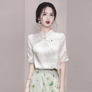 夏季新中式国风白色立领，盘扣提花雪纺，短袖衬衫女小衫气质上衣