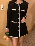 韩国东大门女装2024春装香风撞色镶边设计感修身显瘦粗花呢连衣裙