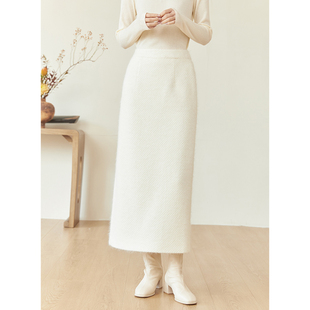 山有色冬季半身裙中式女装高端复古白色长款加厚直筒毛呢半裙