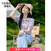 娅丽达兔耳衬衫，女短袖2024夏季法式洋气蝴蝶结上衣紫色雪纺衫
