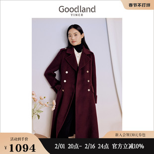 goodland美地女装2023冬季绵羊，毛毛呢大衣赫本风，双排扣外套