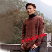 谢霆锋同款毛衣男纯棉，咖啡色百搭休闲时尚宽松大码圆领针织上衣潮