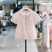 perimitz女童泡泡短袖衬衫纯棉，24夏韩国(夏韩国)儿童，刺绣花朵粉色t恤
