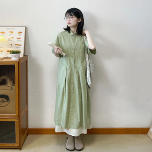 自制豆绿色日系小个子衬衫裙女学生，夏季森系气质甜美蜜瓜绿连衣裙