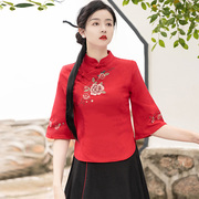 唐装女装中国风采耳刺绣上衣，改良汉服套装裙夏季新中式日常茶艺服