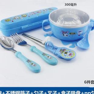 儿童碗筷子勺子套装不锈钢，防摔带盖宝宝卡通，水杯碗筷餐具学习筷