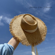 2024法式拉菲草帽女夏季大檐遮阳帽网海边度假沙滩帽子防晒帽