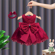 周1岁礼服女宝女童蓬蓬裙宝宝生日红色连衣裙婴儿百日宴公主裙