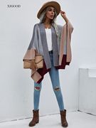 Color blocking shawl knit sweater女士拼色披肩宽松针织衫外套