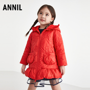安奈儿童装女童中长款棉衣冬季大童花苞造型休闲棉服外套