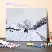 数字油画diy填充名人名画，莫奈雪景小屋，风景填色绘画涂色画装饰