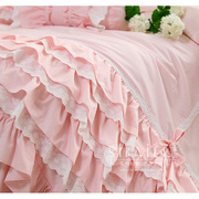 韩版公主风粉色蕾丝花边，蝴蝶结床裙款纯棉全棉，被套床上用品四件套