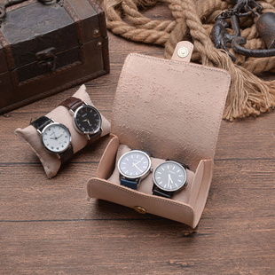 真皮手表盒2位装裸色圆形户外旅行便携式树膏牛皮情侣手表收