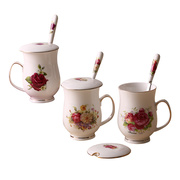 欧式陶瓷咖啡杯带盖子，带勺水杯茶杯描金，高档骨瓷咖w啡杯情侣