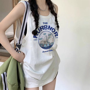 韩国无袖背心裙中长款学生，夏季睡衣bf风t恤少女睡裙卡通家居吊带