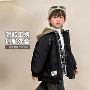 陈大猪男童黑色棉服加厚2023冬季儿童保暖上衣潮酷连帽外套