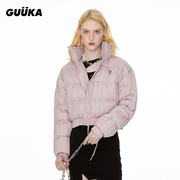 guuka潮牌粉色短款羽绒服女冬季高领，压褶面包服外套保暖宽松