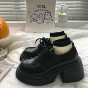 小sun家单鞋女2024春季时尚，高跟黑色厚底增高乐福英伦小皮鞋