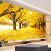 中式3d立体金黄树木，小道无缝壁画自然风景，客厅沙发电视背景墙纸