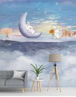 北欧儿童房墙布可爱兔子电视，背景墙纸客厅沙发，墙壁纸卡通月亮壁布