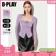 dplay2024春新甜酷美背方领立体花朵下摆开衩高弹打底衫上衣女