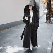 韩版黑色连帽风衣外套，2023早秋设计感ins小众双排扣长款大衣