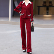 红色休闲运动套装女春秋，时尚洋气减龄小个子阔腿裤三件套香风