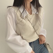 韩国chic春季复古小众法式衬衫拼接翻领灯笼，袖假两件短款针织上衣