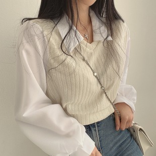 韩国chic秋季复古小众法式衬衫拼接翻领灯笼袖假两件短款针织上衣