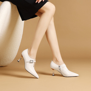 法式水钻气质尖头高跟鞋，女细跟2024春季白色真皮春秋深口单鞋