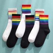 彩虹袜子秋冬季男女款中筒棉袜，彩色条纹高帮运动袜网红情侣长筒袜