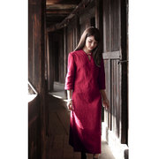 棉麻中国风复古旗袍新式改良版，红色连衣裙中式新娘服气质结婚衣服