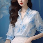 41轻奢小众设计感蓝色花朵衬衫女2024春季茶歇法式五分袖