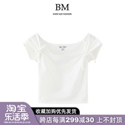 bmfashion美式纯棉方领蝴蝶结系带短袖，t恤bm短款露肩性感上衣潮