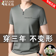 啄木鸟短袖T恤男夏季桑蚕丝V领上衣男中年时尚半袖体恤衫纯色
